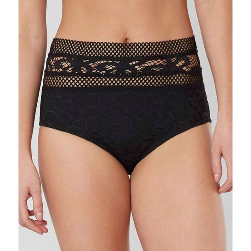 Becca Vintage Women's Lace Crochet High-Waist Swimwear Bottom Bikini Black Sz S